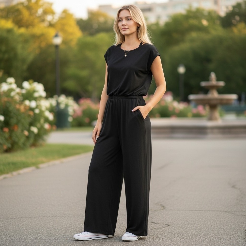Suzanne Betro Jumpsuit Women 3X Black Crisscross Back‎ Wide Leg Sleeveless NEW